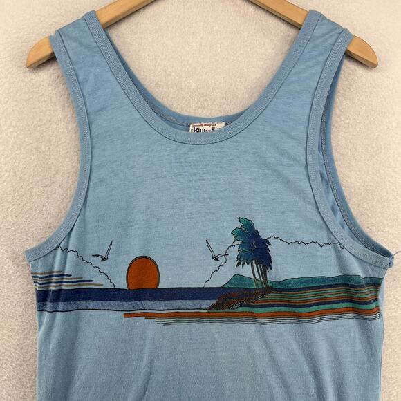 KING SIZE Tank Top Mens XLT Tall Beach Sunset Beachwear Single Stitch Blue VTG - Picture 3 of 11